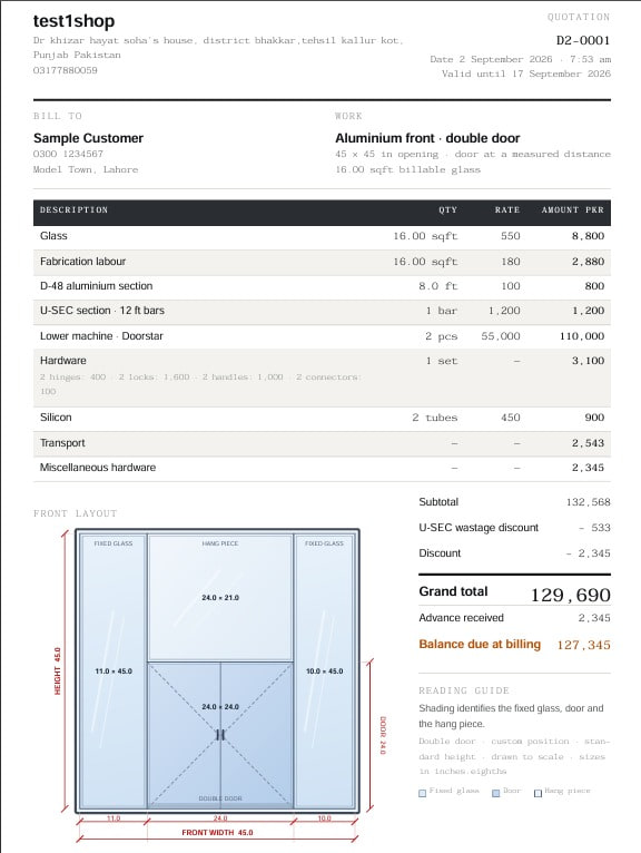 A customer bill produced by The Aluminium Pro: letterhead, priced table, front layout drawing and grand total