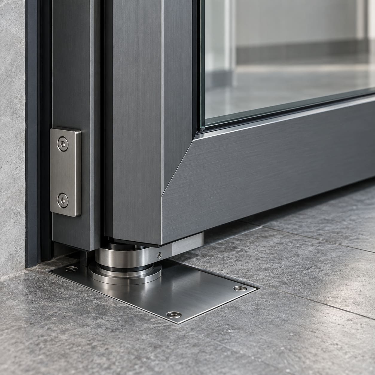Close detail of an aluminium door corner joint and hardware