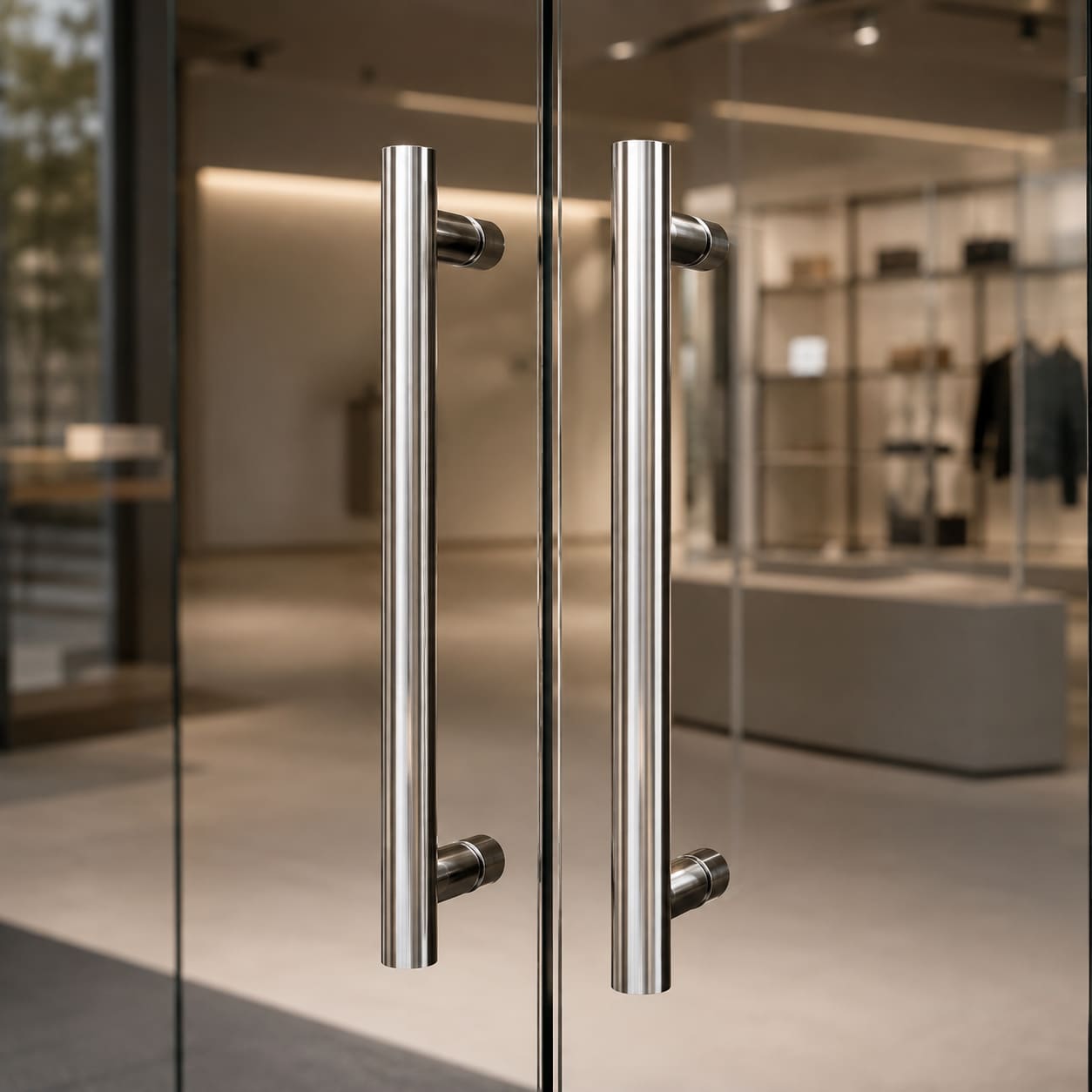 Stainless steel pull handles on a pair of frameless glass shop doors