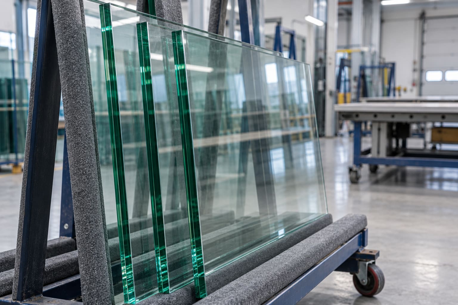 Cut 12mm glass panels stacked on a padded trolley ready for installation