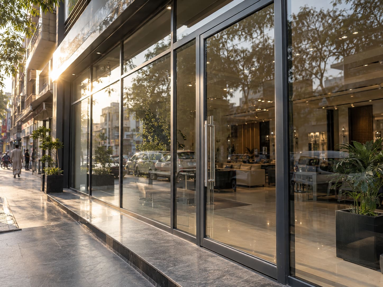 A finished aluminium shop front with large glass panels on a Pakistani commercial street