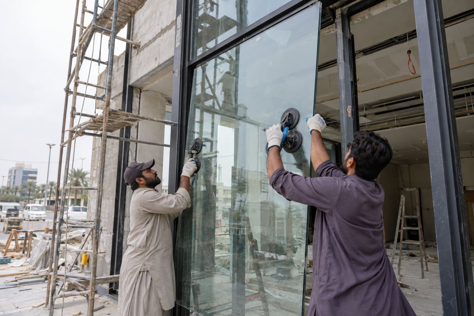 Two fabricators lifting a glass panel into an aluminium frame on site