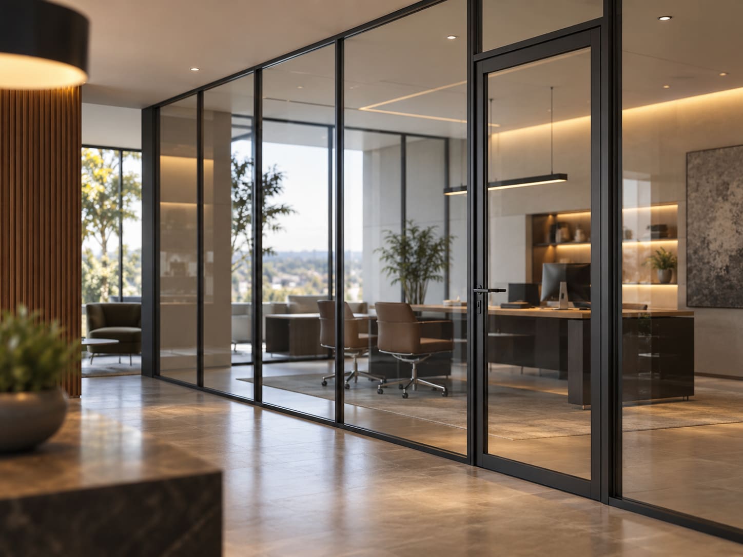 An aluminium and glass office partition with a glass door