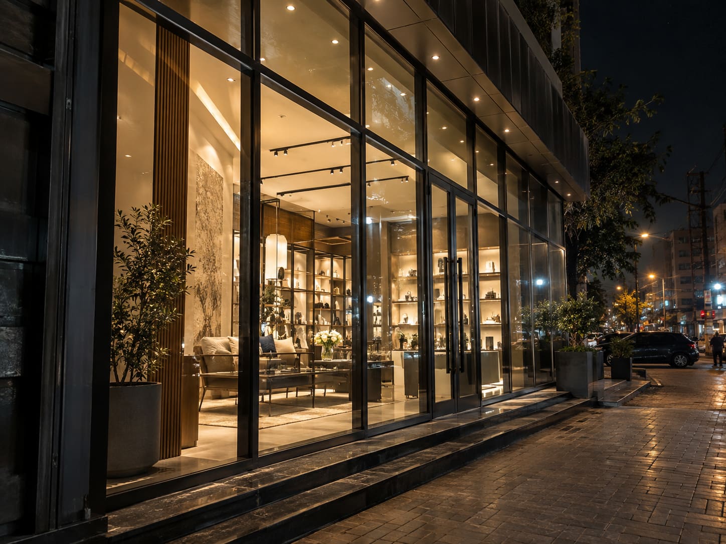 A lit aluminium and glass shop front at night on a commercial street