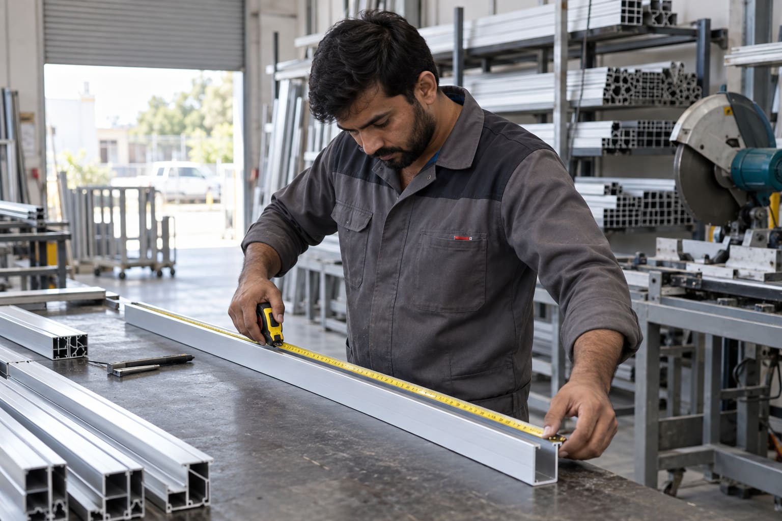 A fabricator measuring an aluminium section on a workshop cutting bench